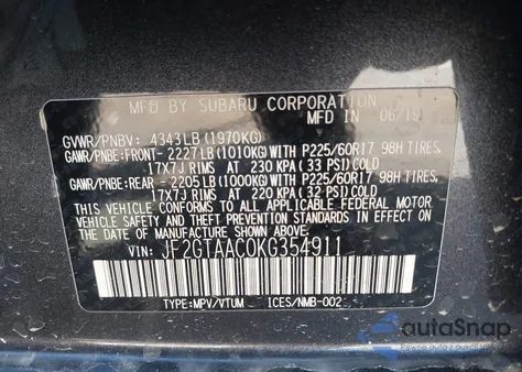 2019 Subaru Crosstrek 2.0I из США, поврежденный, VIN JF2GTAAC0KG354911